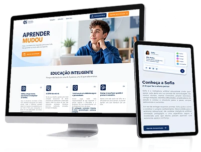 Site do Educa��o Inteligente aberto em um monitor e em um tablet.