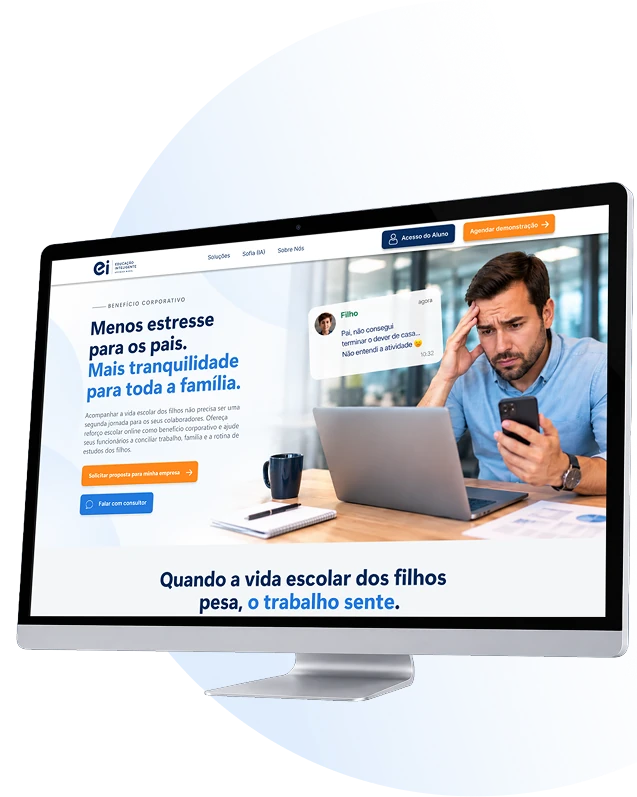 Tela do Educa��o Inteligente para Empresas, mostrando um pai usando o celular ao lado do notebook.