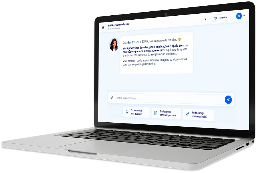 Tela da Sofia em um notebook, com a sauda��o �Ol�! Sou a SOFIA, sua assistente de estudos�, campo para digitar a d�vida e sugest�es como �Como resolver essa quest�o?�.